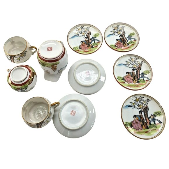Antique Japanese Kutani Porcelain Tea Set Hand-Painted Geisha Floral Motif je105 - Picture 12 of 12